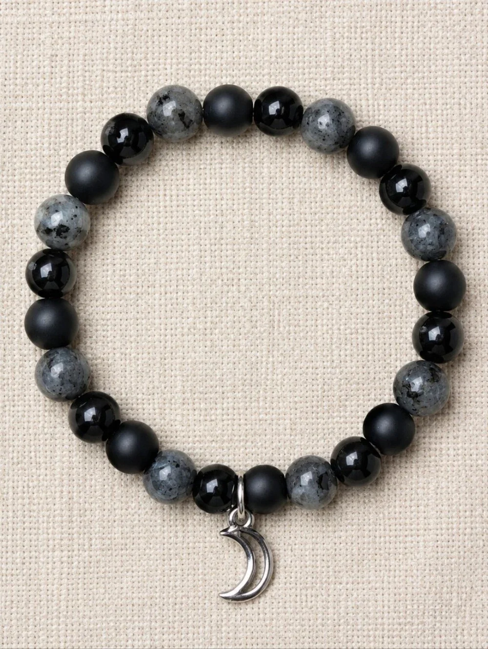 Gray Larvikite & Black Onyx Beaded Stretch Bracelet - Handmade